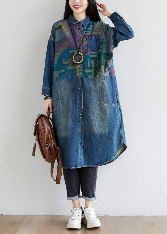 Women's Coats with Fur TrimItalian Blue Peter Pan Collar Pockets Print Denim Coat Spring