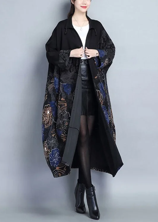 Women's Quilted CoatsLoose Blue Stand Collar Pockets Patchwork Cotton Long Trench Coat Fall