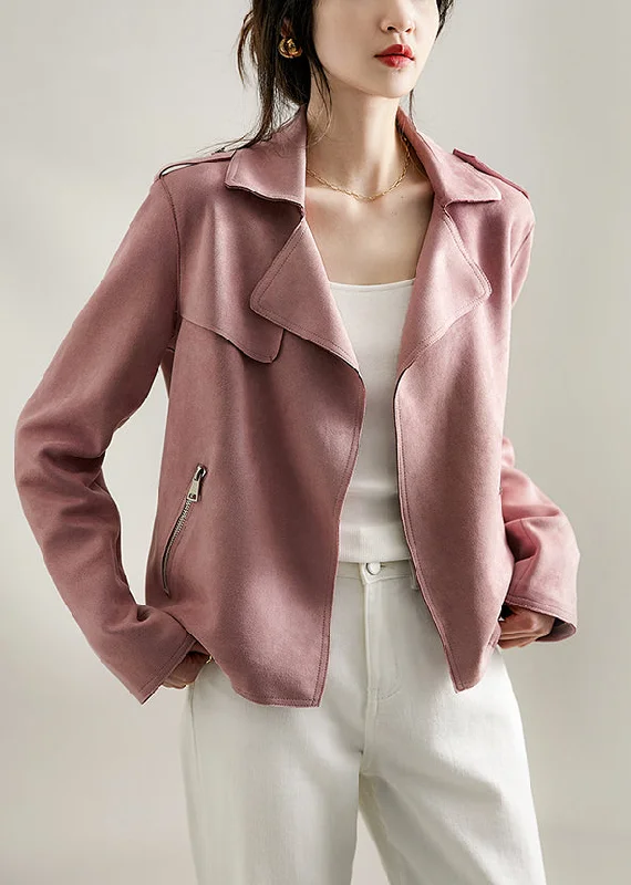 Stylish Women's CoatsFrench Pink Lapel Oversized Faux Suede Jacket Fall