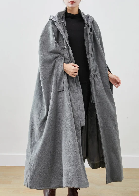 Women's PeacoatsHandmade Grey Oversized Lengthen Warm Fleece Hooded Coat Cloak Sleeves