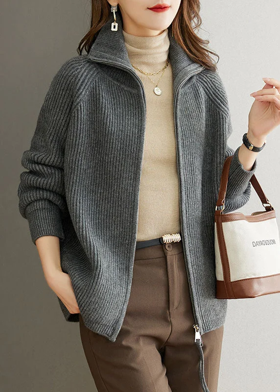 Women's Coats with Fur Trimmed PocketsGrey Patchwork Women Wool Coats Peter Pan Collar Zippered Fall