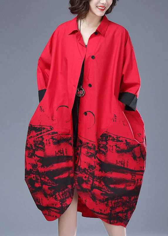 Women's Coats with Fur Trimmed ZipperItalian Red Print Button Pockets Patchwork Cotton Long Trench Coat Fall