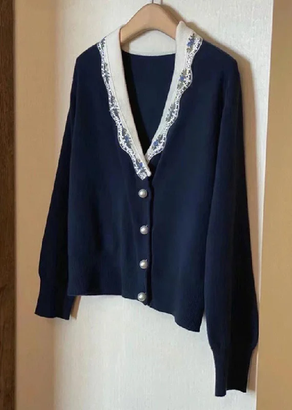 Women's PeacoatsFrench Navy V Neck Button Patchwork Knit Coats Long Sleeve