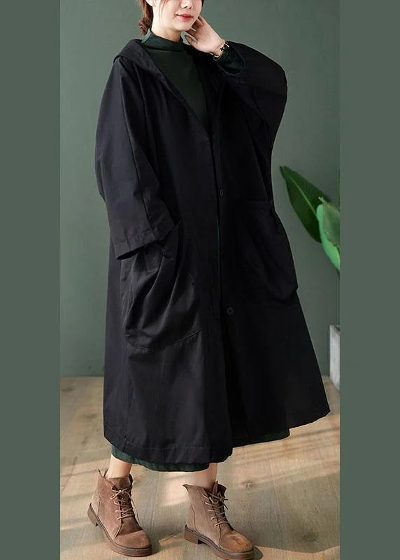 Women's Zip-Up CoatsHandmade Black Button Pockets Loose Fall Long sleeve Hoodie Coat