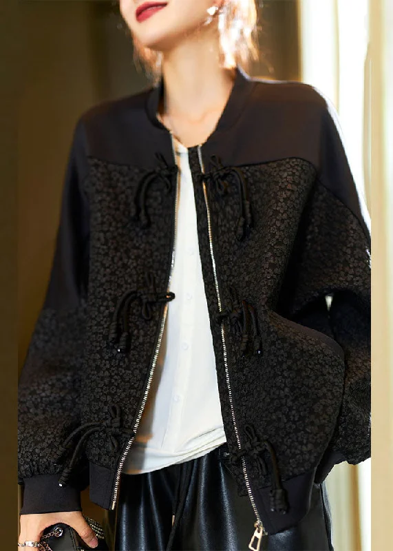 Women's Coats with Fur Trimmed SleevesJacquard Black O-Neck Zippered Pockets Coats Fall