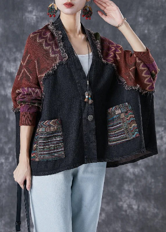 Women's Coats with PocketsHandmade Black Oversized Patchwork Knit Denim Jackets Fall