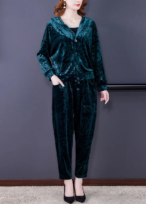 Women's Coats with CollarGreen Zip Up Silk Velour Coats And Harem Pants Two Pieces Set Long Sleeve