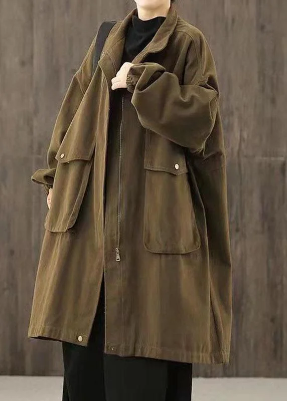 Women's Coats with Fur TrimmedHandmade Coffee Casual zippered Pockets Patchwork Fall trench coats