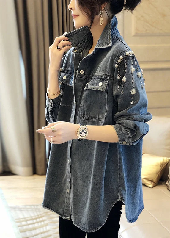 Women's Coats with Fur Trimmed ZipperHandmade Blue Square Collar Pearl Patchwork Denim Coats Long Sleeve