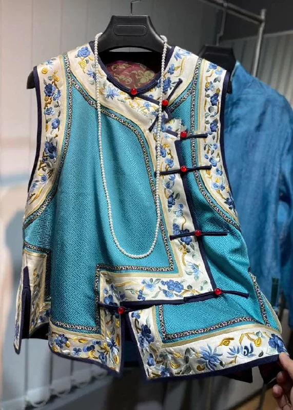 Women's Coats with Fur Trimmed PocketsLoose Blue O-Neck Embroideried Floral Patchwork Silk Waistcoat Fall