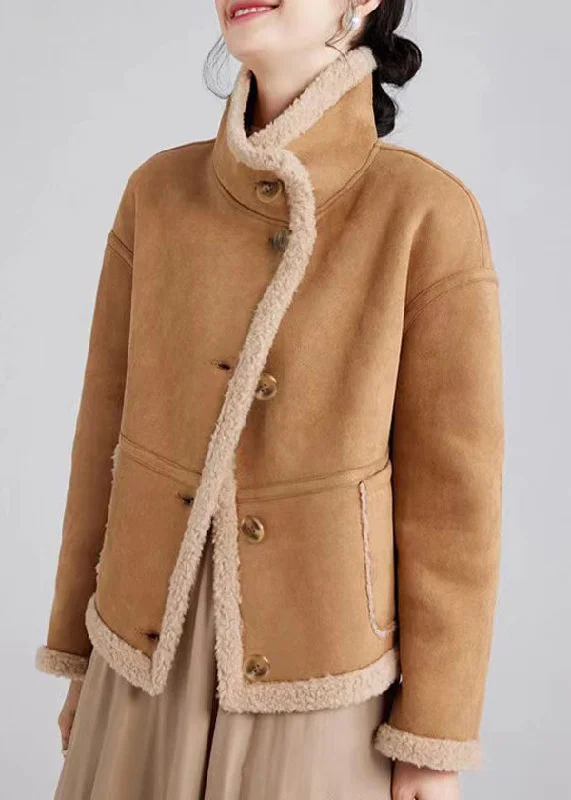 Women's Coats with PocketsItalian Camel Stand Collar Button Patchwork Wool Coats Winter