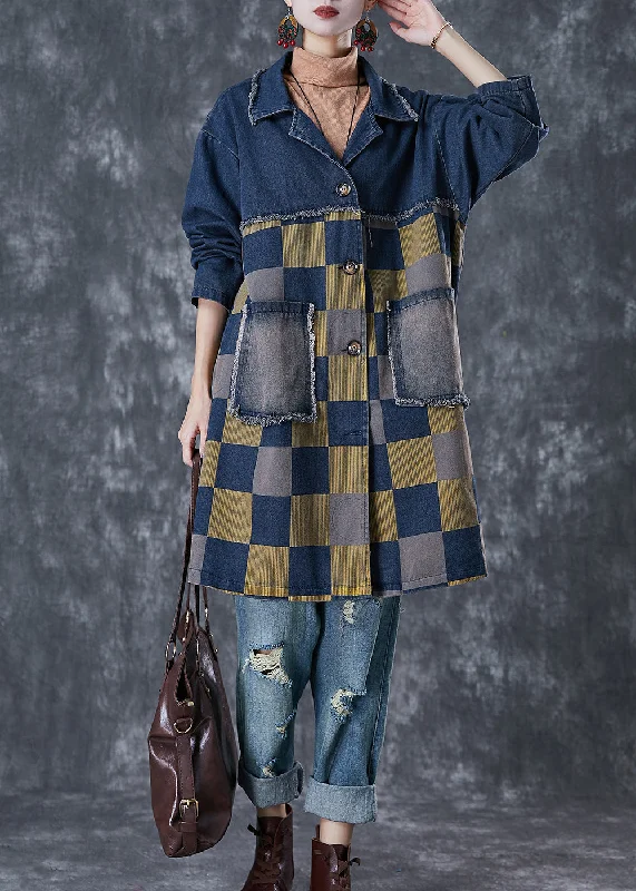 Women's Puffer CoatsFrench Navy Oversized Patchwork Plaid Denim Coats Fall