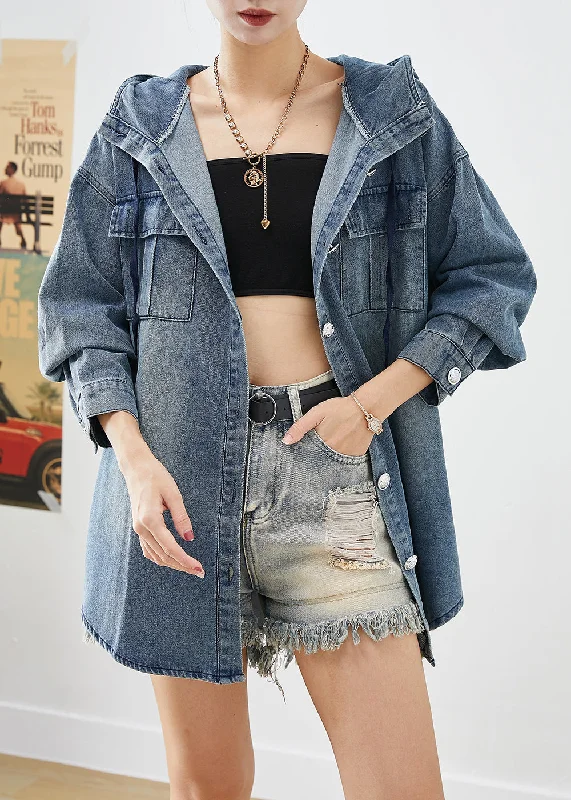 Stylish Women's CoatsItalian Blue Oversized Hooded Pockets Denim Coats Fall