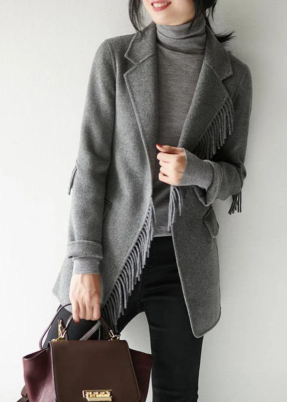 Women's Coats with BeltFrench Grey Notched Tassel Solid Woolen Blend Coat Fall