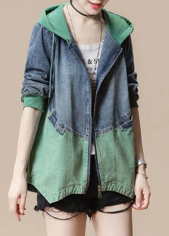 Women's Winter CoatsGreen Drawstring Pockets Hoodie Denim Coat Long Sleeve