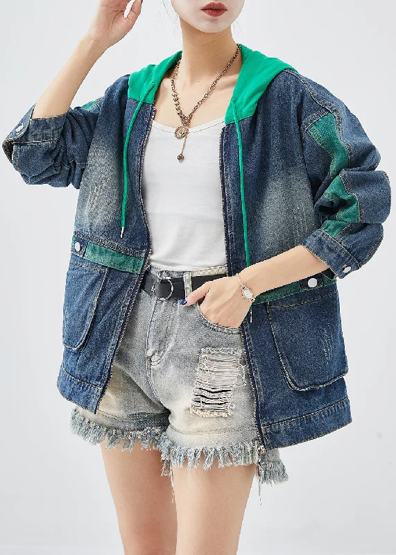 Women's PeacoatsGreen Patchwork Denim Coats Hooded Pockets Fall