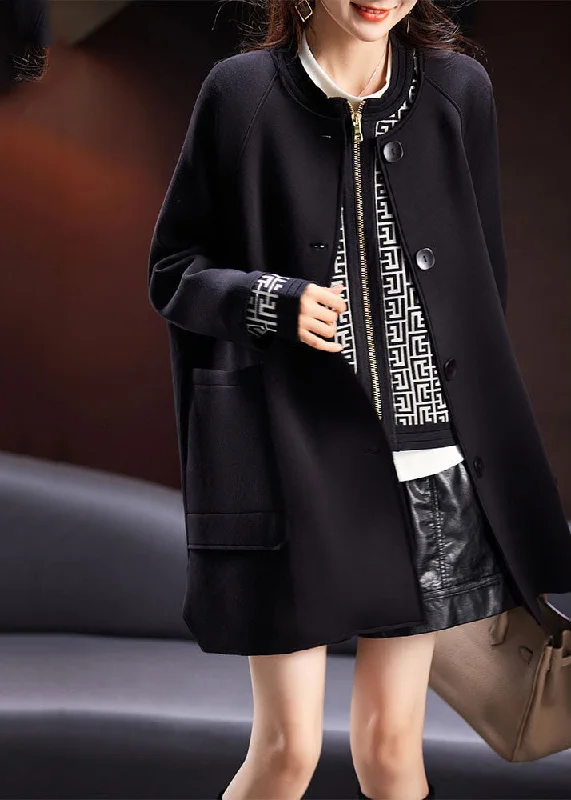 Women's Coats with CollarLoose Black O-Neck Pockets Button Coats Long Sleeve