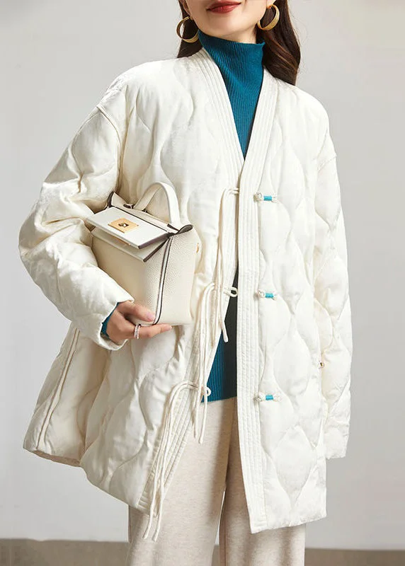 Women's Button-Up CoatsJacquard Beige V Neck Button Patchwork Duck Down Coat Spring