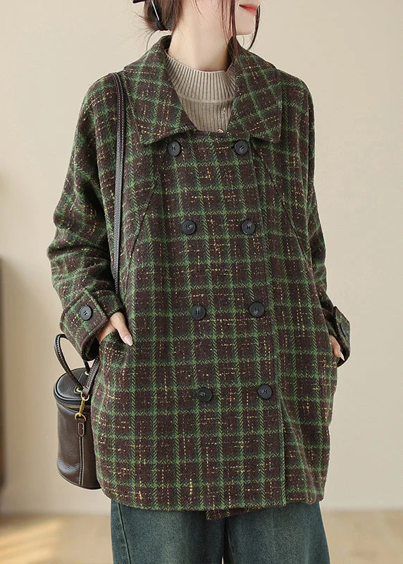 Women's Coats with Fur Trimmed ButtonsGreen Pockets Plaid Woolen Coat Peter Pan Collar Double Breast Fall