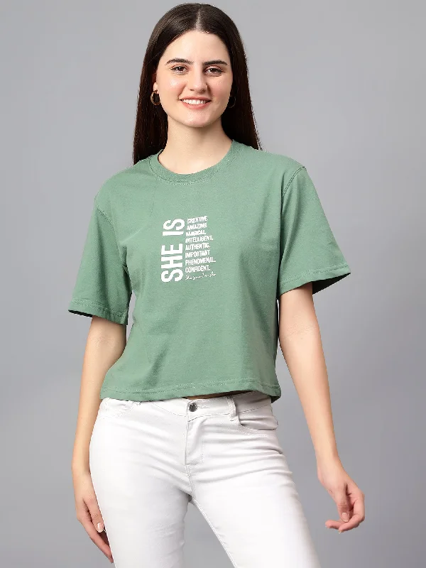 Women's Winter CoatsWomen's Casual Regular Short Sleeve Sea Green Round neck Typographic Print T-Shirt