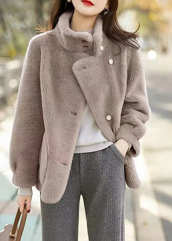 Women's Coats with Fur Trimmed SleevesGrey Pockets Patchwork Woolen Jacket Stand Collar Button Winter