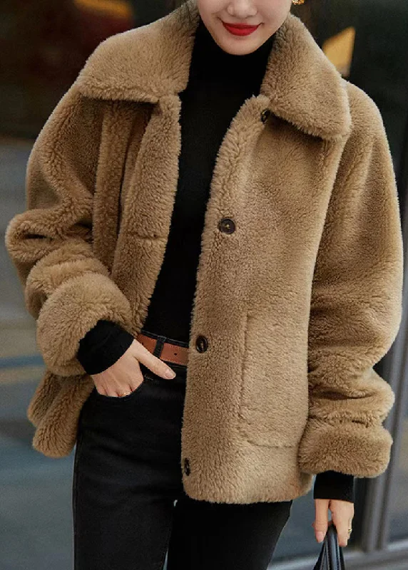 Women's Coats with Fur Trimmed BeltItalian Brown Peter Pan Collar Wear On Both Sides Wool Coats Winter