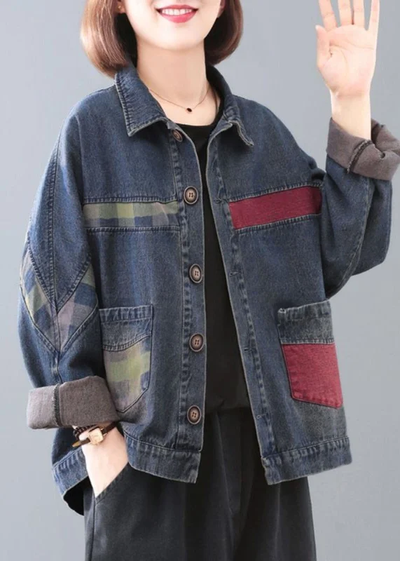 Women's Denim CoatsHandmade Blue Peter Pan Collar Pockets Patchwork Button Denim Coats Long Sleeve