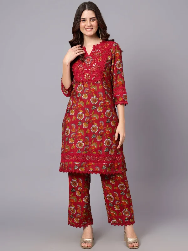 Women's Coats with Fur LiningWomen's Pink Floral Printed Casual Kurta Plazzo Set