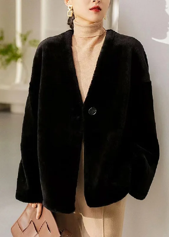 Women's Coats with Fur Trimmed ButtonsItalian Black V Neck Button Patchwork Wool Coats Winter