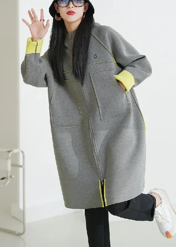 Women's Coats with ZipperItalian Grey Hooded Pockets Side Open Cotton Coats Fall