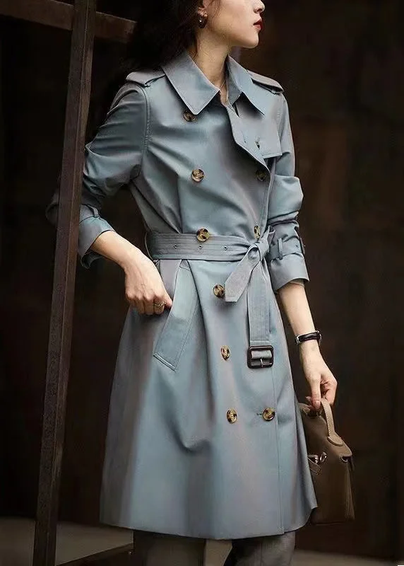 Women's Coats with Fur Trimmed CollarItalian Grey Blue Button Tie Waist Pockets Cotton Trench Coat Fall