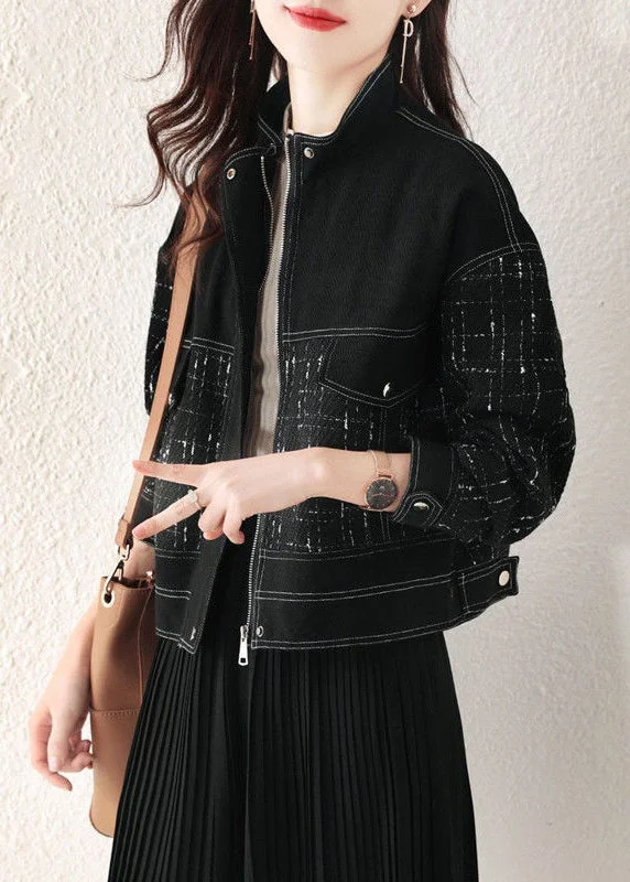 Women's Denim CoatsLoose Black Plaid Zip Up Patchwork Denim Coat Fall