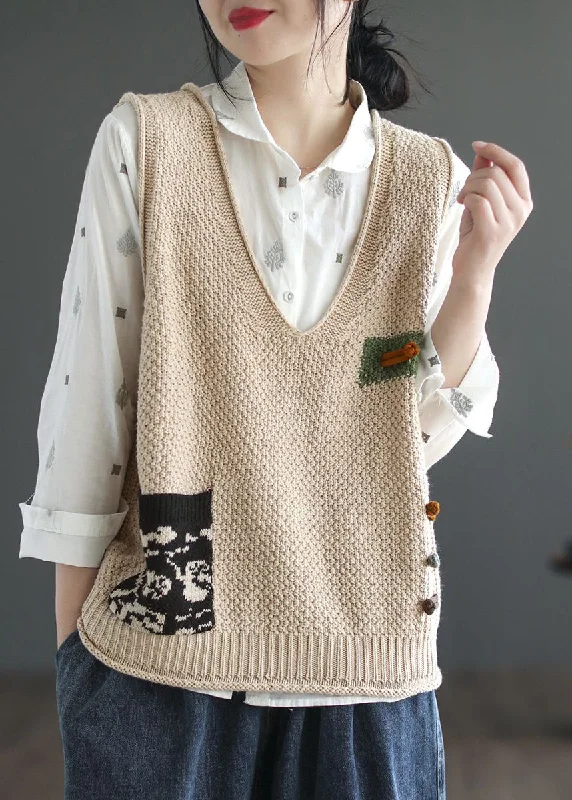 Women's Coats with Fur Trimmed ButtonsItalian Beige V Neck Patchwork Cozy Cotton Knit Waistcoat Sleeveless