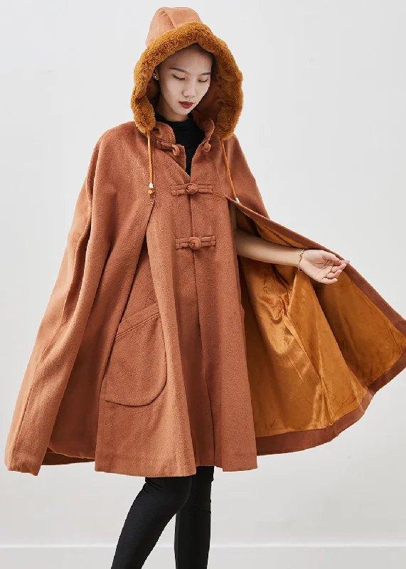 Women's Coats with Fur Trimmed PocketsItalian Khaki Fur Collar Oversized Warm Fleece Coat Cloak Sleeves