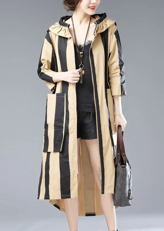 Women's Hooded CoatsFrench Khaki Hooded Striped Pockets Patchwork Cotton Long Trench Coats Fall