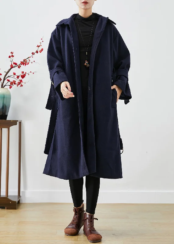 Women's Coats with PocketsFrench Navy Slim Fit Thick Woolen Trench Coats Winter