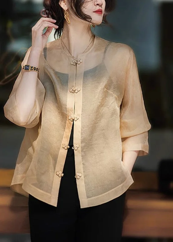 Women's Coats with Fur TrimmedJacquard Apricot O-Neck Patchwork Silk UPF 50+ Coats Long Sleeve