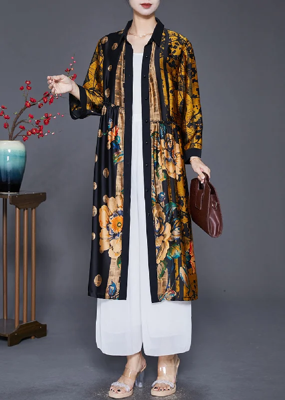 Women's Zip-Up CoatsHandmade Yellow Oversized Print Wrinkled Silk Coats Fall