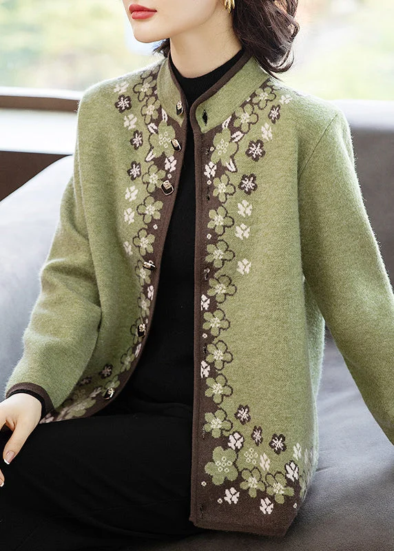 Women's Coats with Fur LiningItalian Green Button Print Patchwork Knit Coats Fall