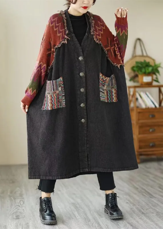 Women's Coats with ButtonsLoose Black Button Knit Patchwork Denim Long Coats Long Sleeve