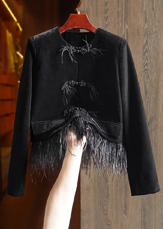 Women's Coats with Fur Trimmed SleevesLoose Black Button Tasseled Detachable Patchwork Velour Coats Long Sleeve