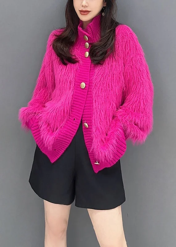 Women's Parka CoatsFrench Rose Stand Collar Button Mink Hair Knitted Coats Fall