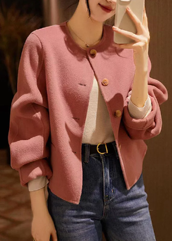 Women's Coats with ZipperHandmade Pink O Neck Button Patchwork Woolen Coats Winter