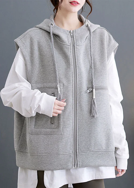 Women's Trench CoatsGrey Zippered Drawstring Hooded Waistcoat Sleevele