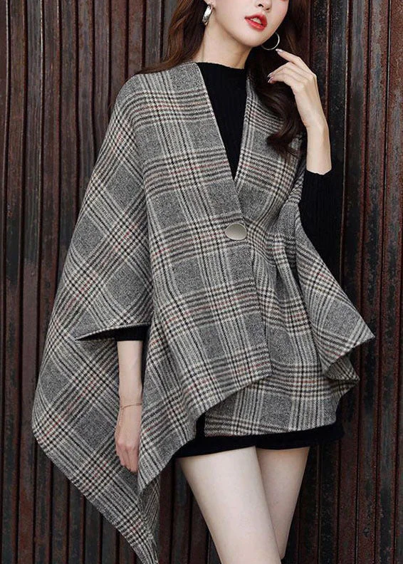 Women's Parka CoatsItalian Grey V Neck Asymmetrical Design Plaid Woolen Coats Fall