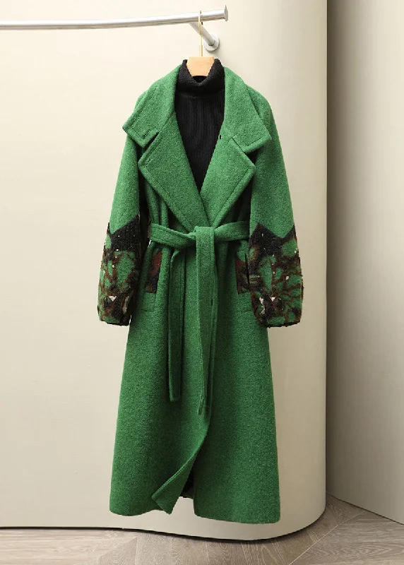 Women's Coats with ZipperJacquard Green Notched Tie Waist Woolen Long Coats Fall