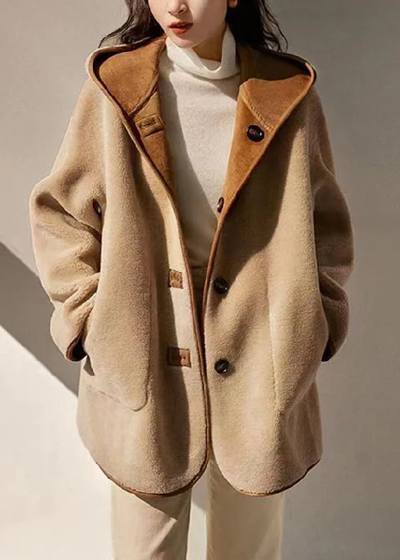 Women's Long CoatsLoose Camel Hooded Pockets Patchwork Wear On Both Sides Woolen Coats Winter