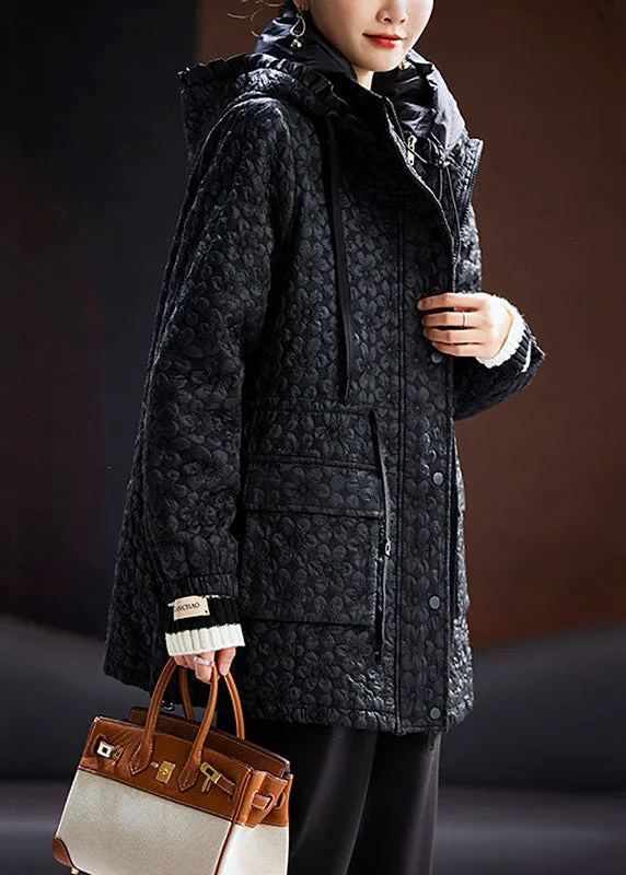 Women's Windbreaker CoatsJacquard Black Hooded Pockets Drawstring Cotton Filled Coats Spring