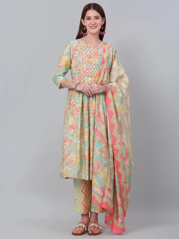 Women's Coats with ButtonsWomen's Multi Floral Print Kurti Plazzo Dupatta Set