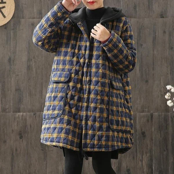 Women's Quilted CoatsHooded Plaid Parkas Vintage Button Coats Loose 2020 Pockets Female Casual Warm Parkas Coats